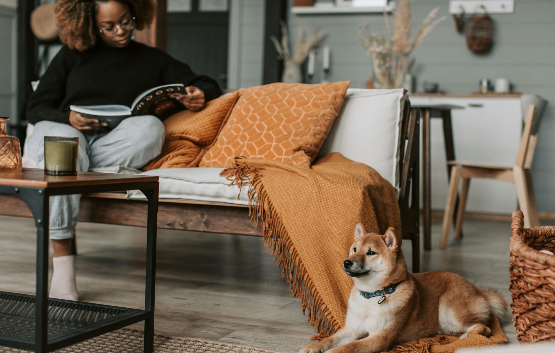 A woman enjoys a book on a cozy sofa, with a Shiba Inu dog relaxing nearby.